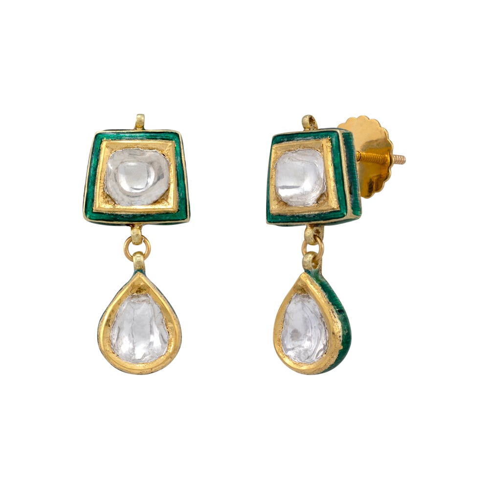 Green Meenakari Earrings with Polki and Pear-Shaped Drop